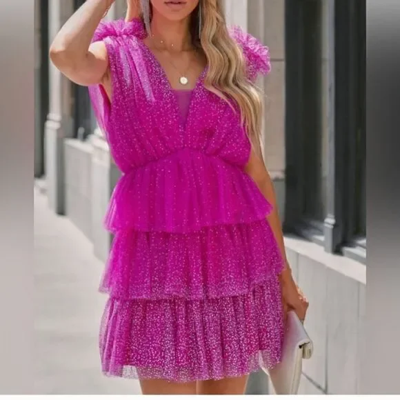 Vici exclusive: Glitter‎ Always Tulle Tiered Mini Dress - HOT PINK - Size Small - Picture 3 of 16